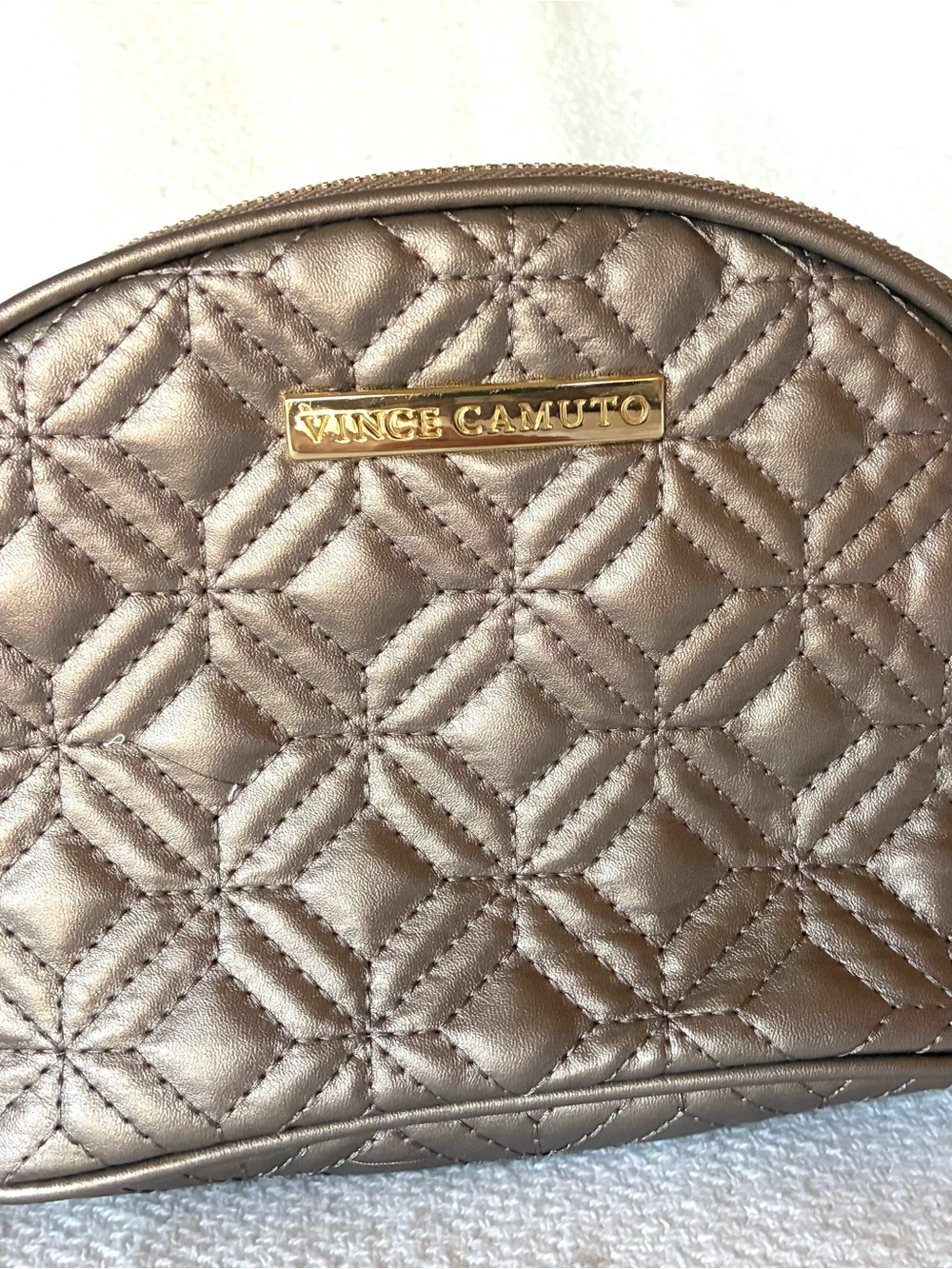 Vince Camuto Metallic Taupe Quilted Cosmetic Bag with Gold Logo